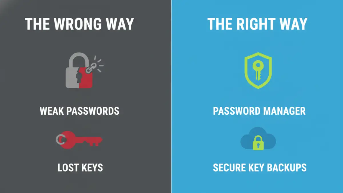 file encryption mistakes - Infographic comparing incorrect and correct methods for file encryption.