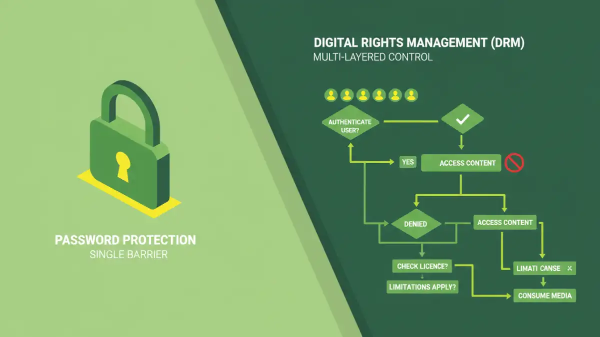 file password protection - Infographic detailing the functionalities of DRM and password protection