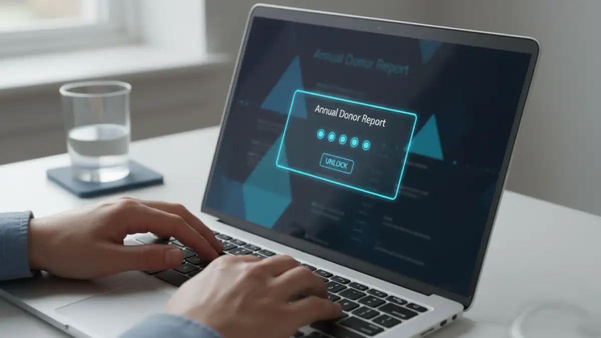 file password security - A close-up of a password being entered to open a secure donor report on a laptop.