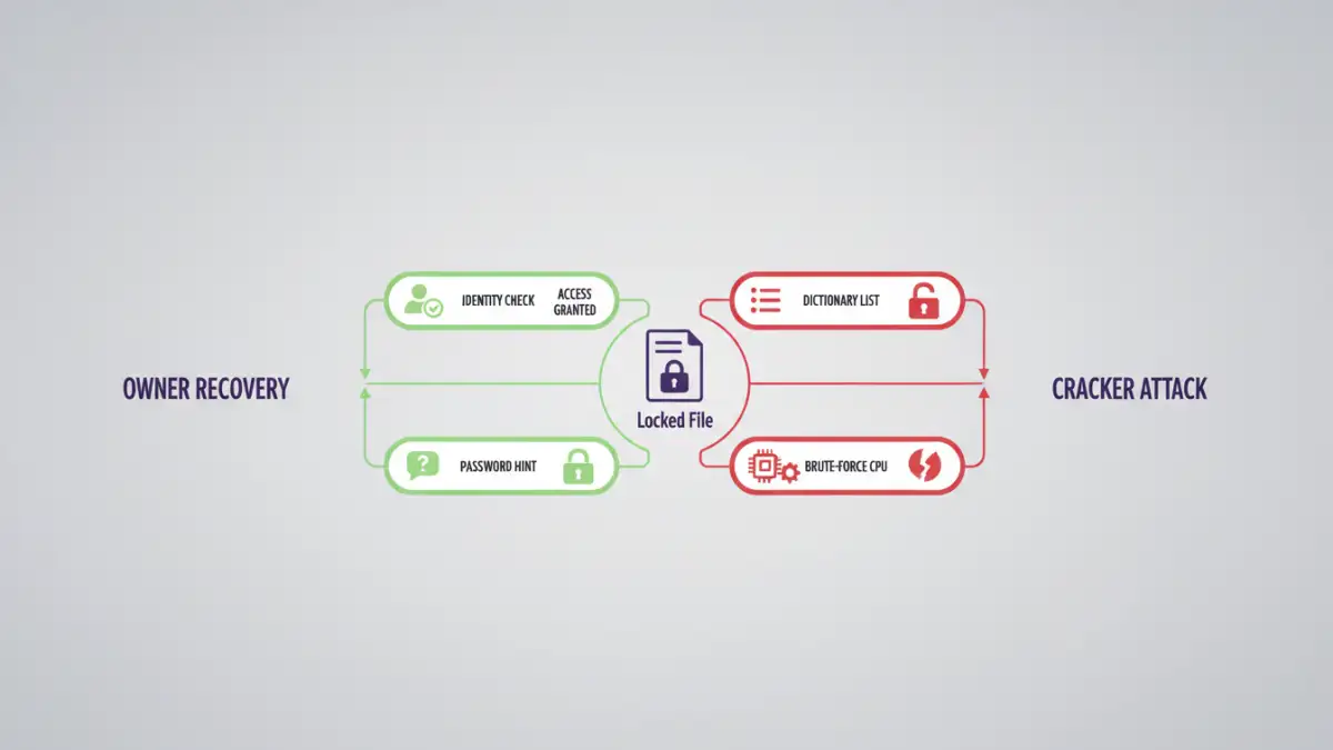 file security breakdown - Infographic flowchart showing the steps in password recovery versus password cracking.