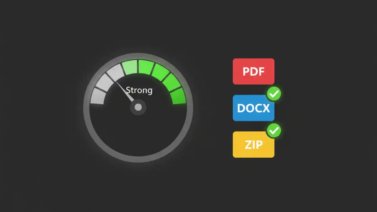 file security password complexity file security password complexity - A password strength meter indicating a strong password next to secured file icons.