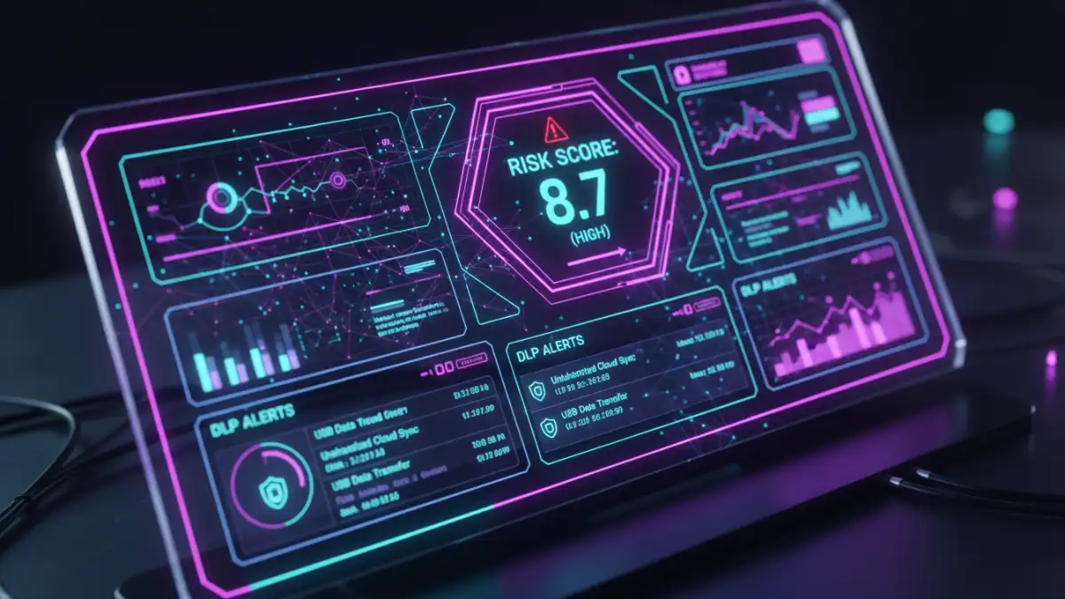 file security risk - Digital dashboard showing real-time risk metrics and DLP alerts for file security, indicating continuous monitoring.