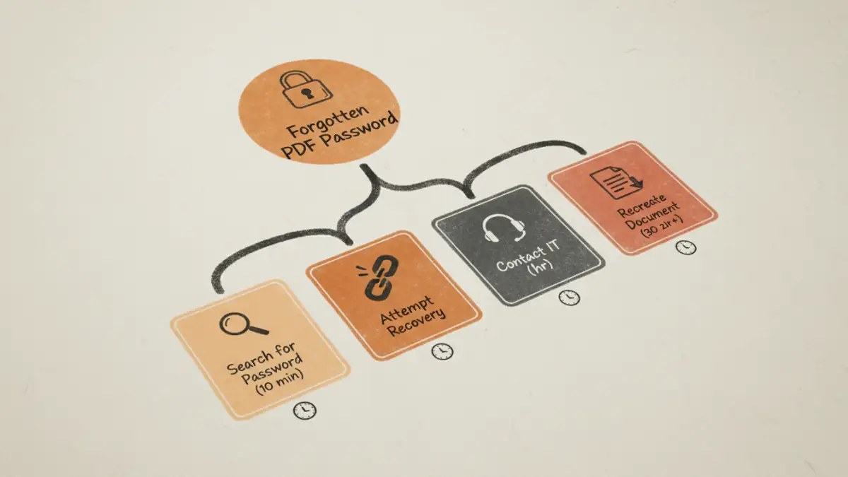 forgotten PDF passwords forgotten PDF passwords - An infographic illustrating the time-consuming process of recovering from a lost PDF password.