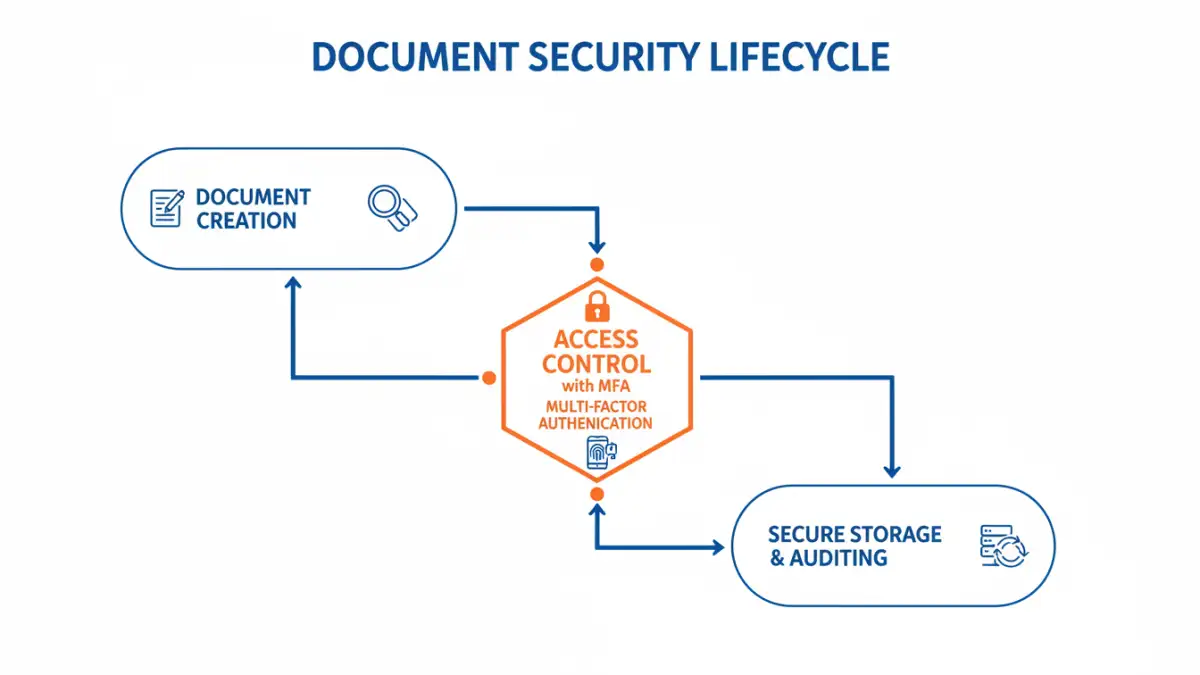 government document password policy - Infographic flowchart explaining the process of securing government documents from creation to storage.