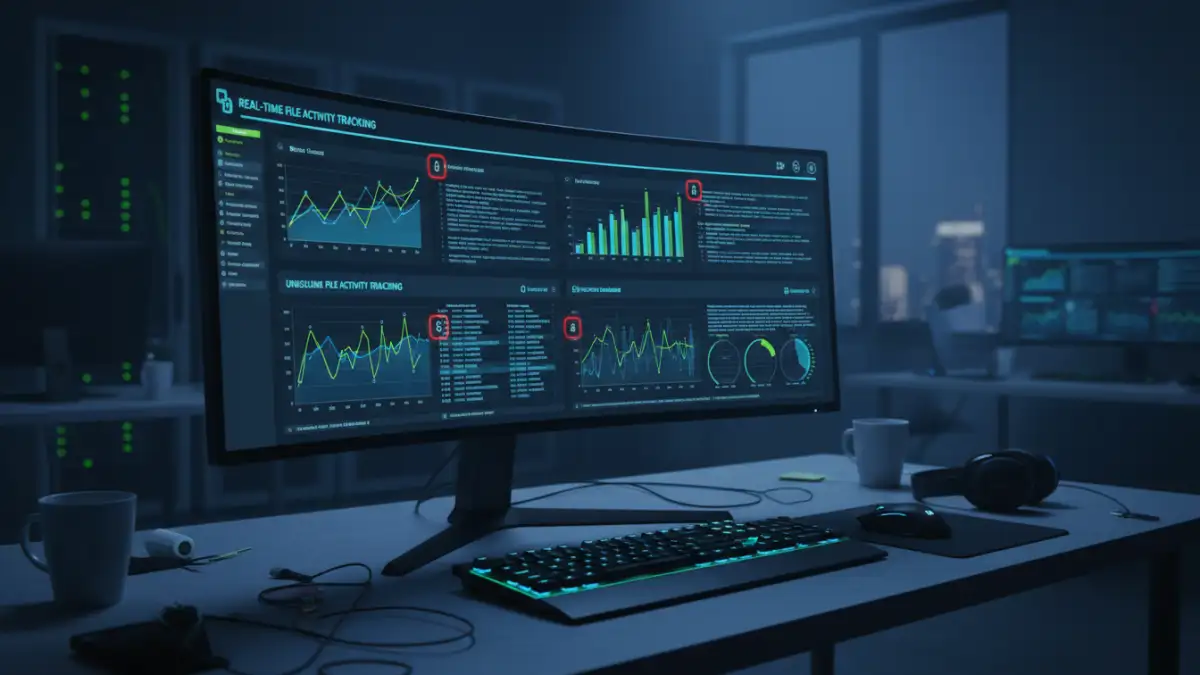 government document security - A security operations center dashboard showing real-time file activity tracking.