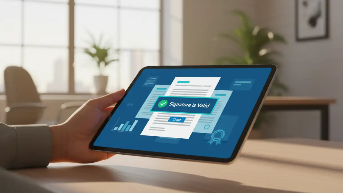government pdf security - A user verifies a valid digital signature on a tablet.