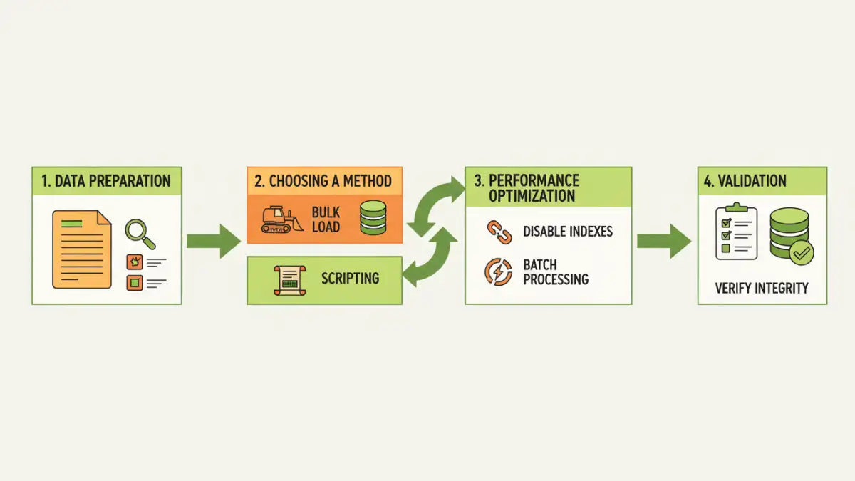 Educational infographic showing import large text files process and key concepts