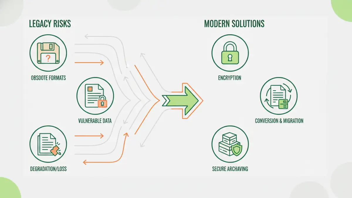 Infographic illustrating risks and solutions for legacy document security