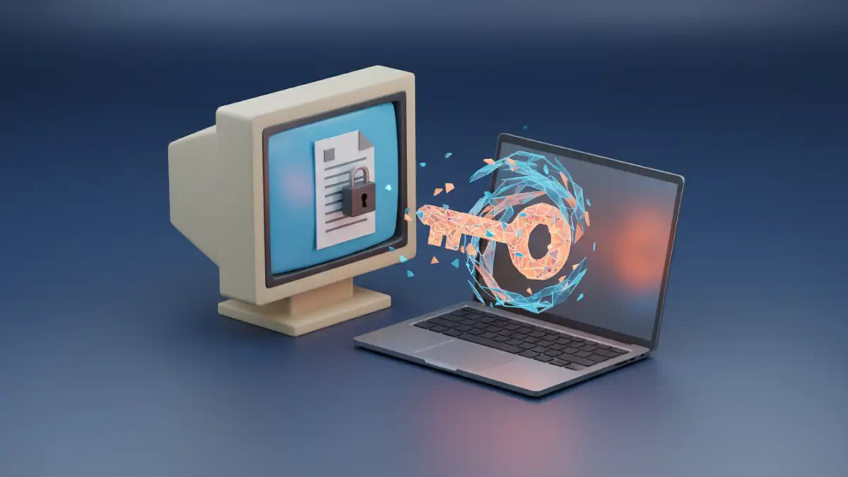 Illustration representing legacy password file recovery, showing old and new technology merging