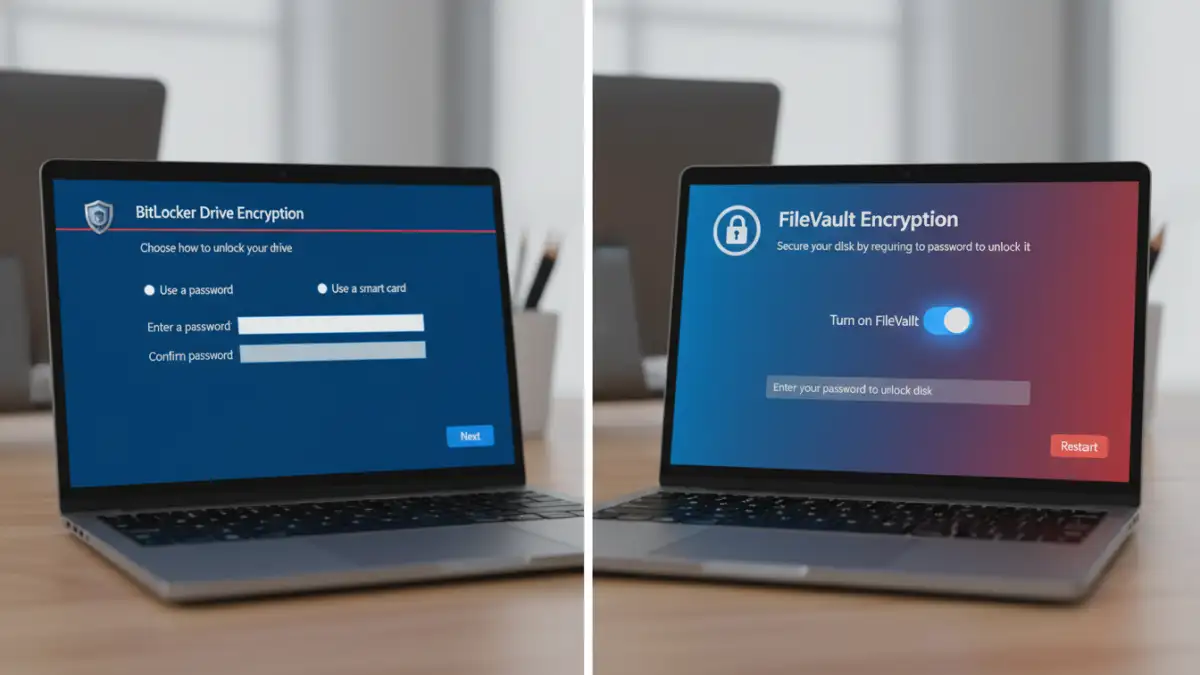 legal file encryption legal file encryption - A side-by-side comparison of enabling BitLocker on Windows and FileVault on macOS for full-disk encryption.