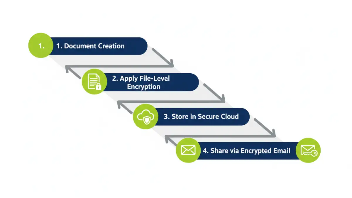 legal file encryption legal file encryption - Infographic flowchart showing the steps for securing confidential legal documents from creation to sharing.