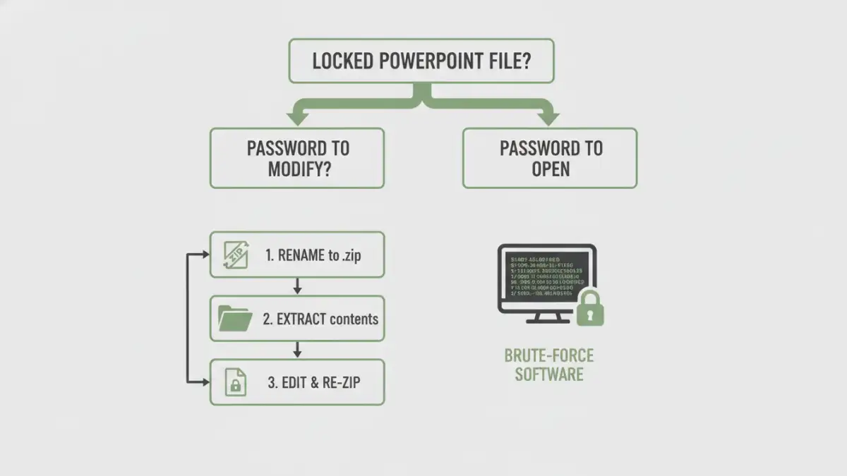 Infographic flowchart explaining the steps to take when you have lost the file password for a PowerPoint.