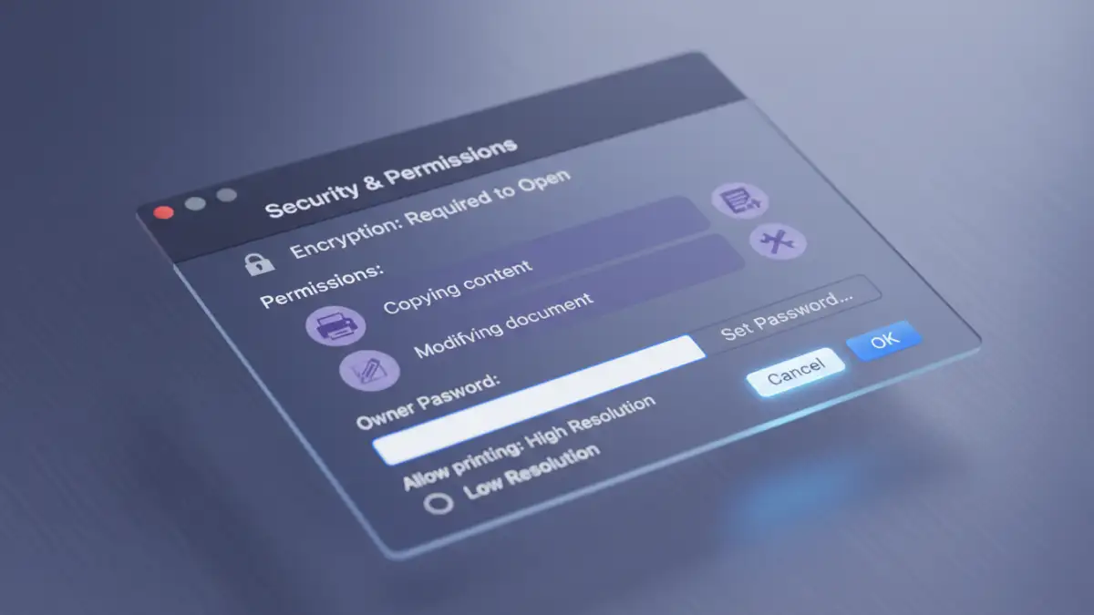 make a pdf read only make a pdf read only - A close-up of the security permissions dialog in macOS Preview for locking a PDF.