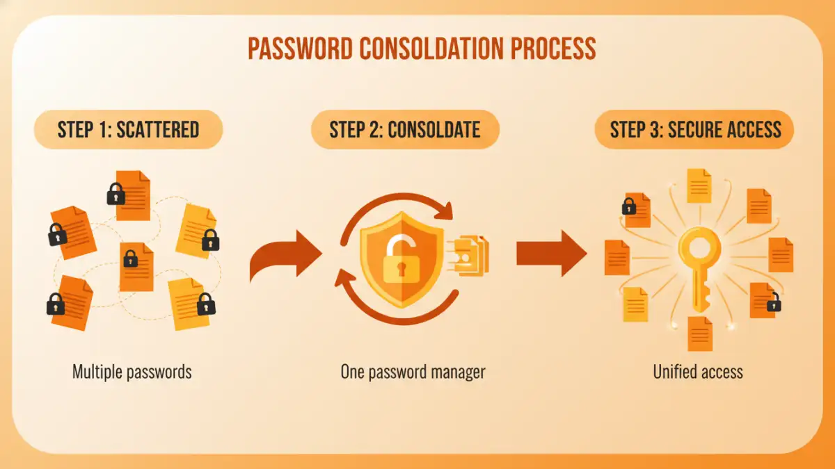 manage all file passwords manage all file passwords - Infographic showing the process of moving from scattered passwords to a centralized password manager.