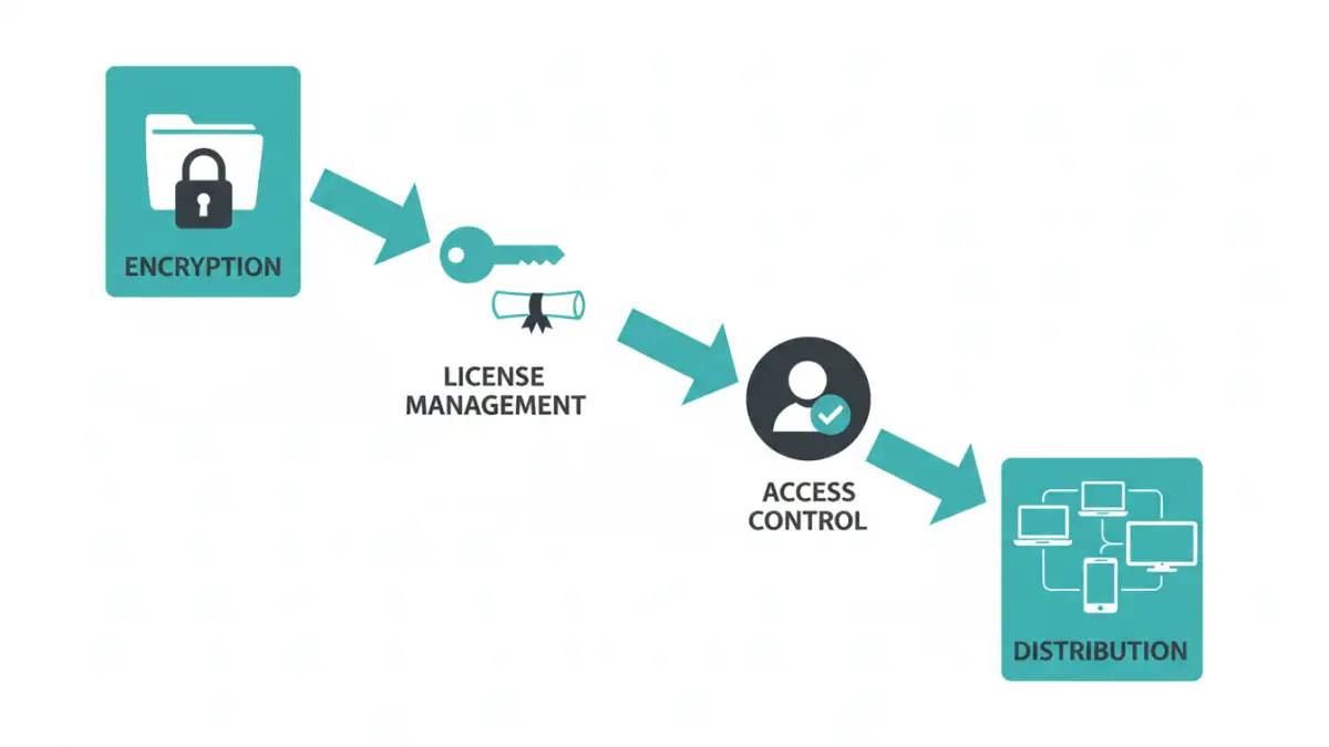 media file security media file security - Infographic detailing the core components of a DRM system