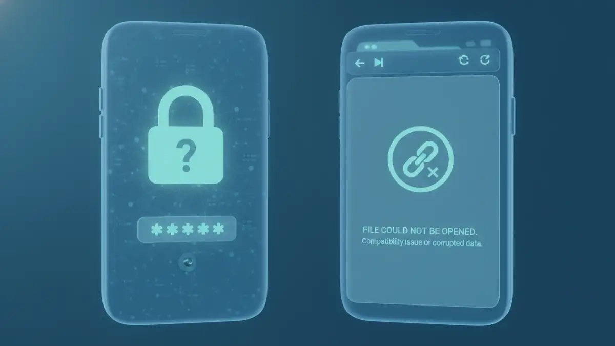 mobile browser password protected file mobile browser password protected file - A visual comparison showing a file failing to open in a mobile browser next to a successful password prompt on a mobile app.