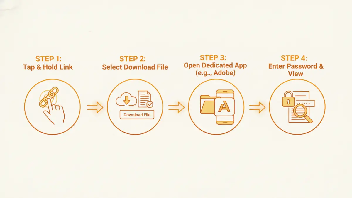 mobile browser password protected file mobile browser password protected file - An infographic showing the four steps to download and open a password-protected file on a mobile device.