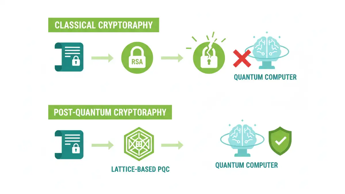 modern file encryption - Infographic comparing the vulnerability of classical encryption to the security of post-quantum cryptography.