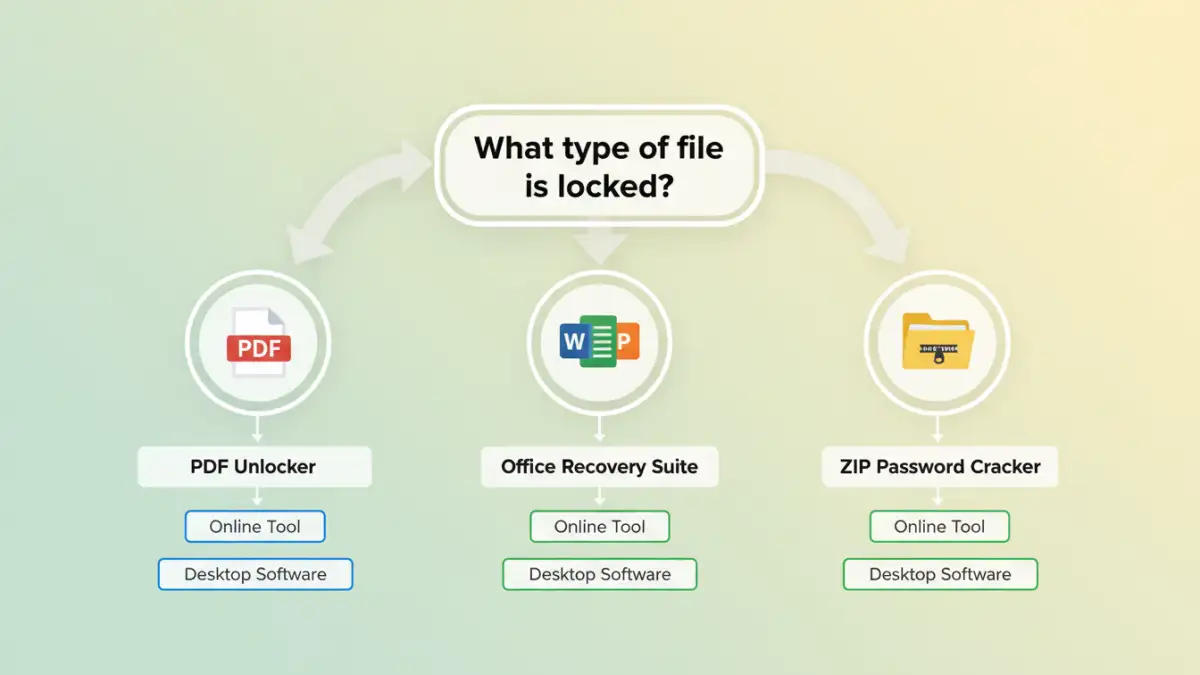multi format password tools - Infographic flowchart for choosing the right password recovery tool for different file types.