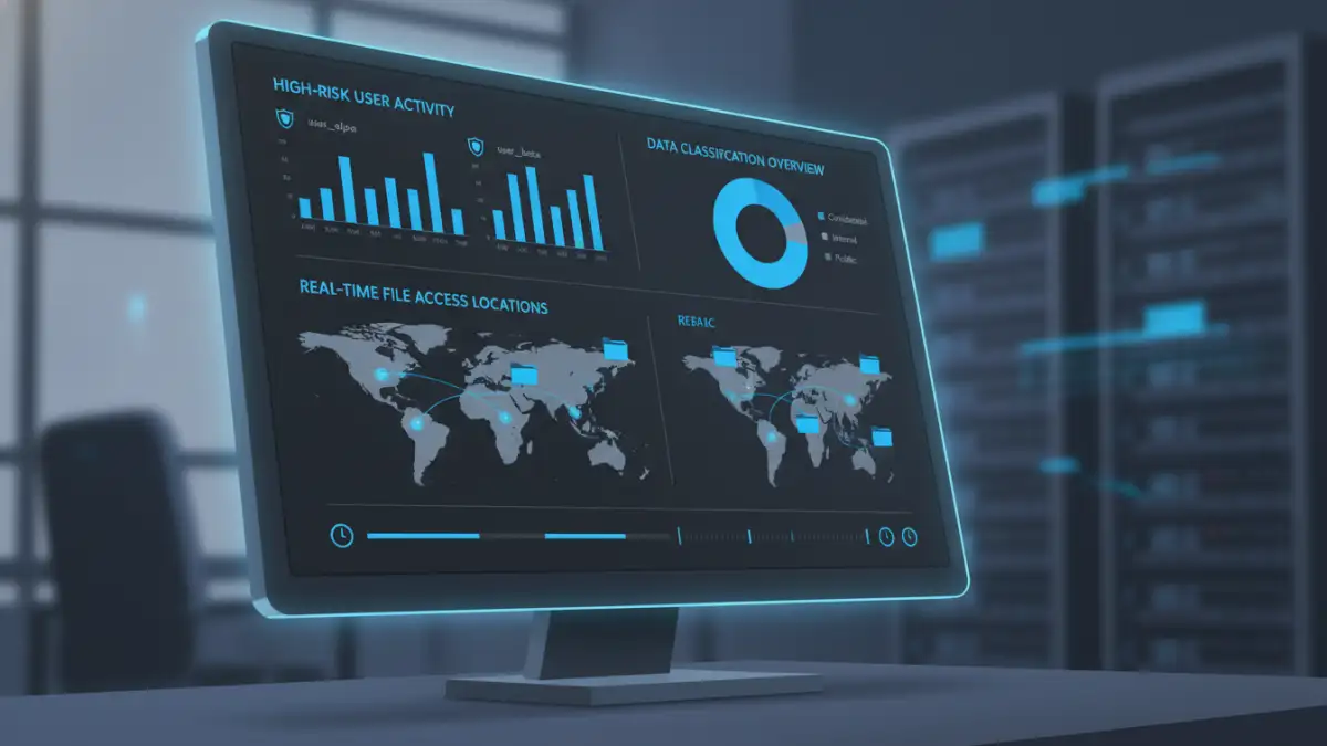 next generation document security next generation document security - A dashboard interface for a modern cloud document security platform monitoring remote work file safety.