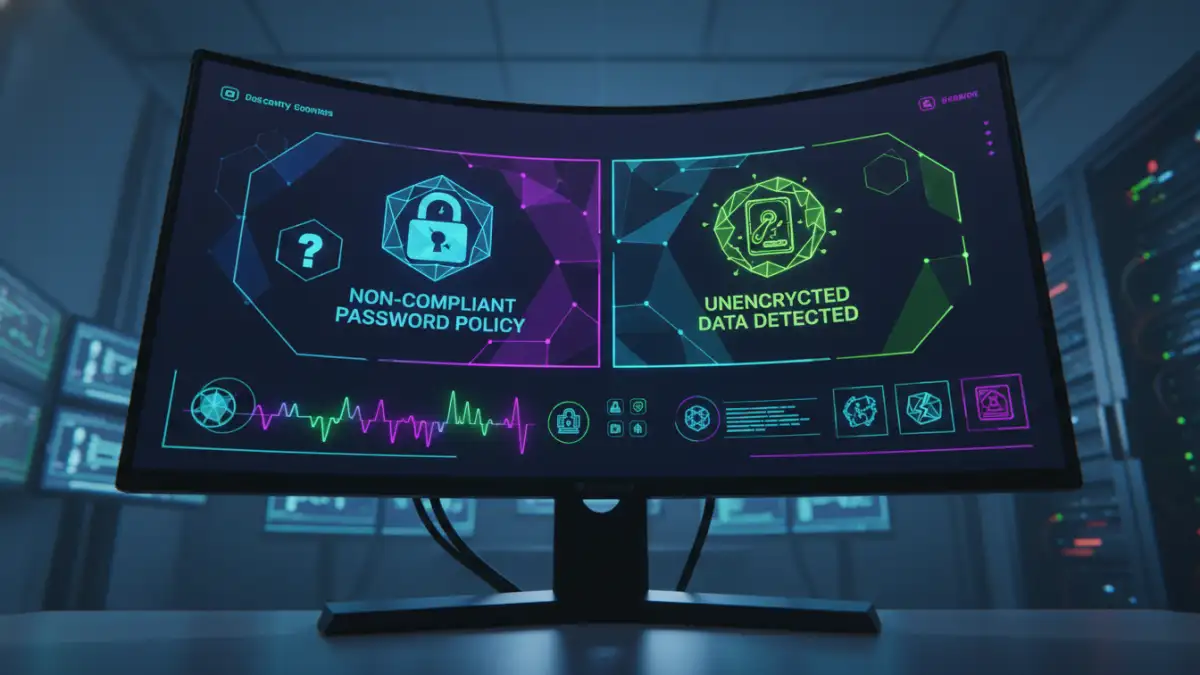 NYDFS password encryption mandates - A security operations center monitor showing alerts for non-compliance with data encryption requirements.