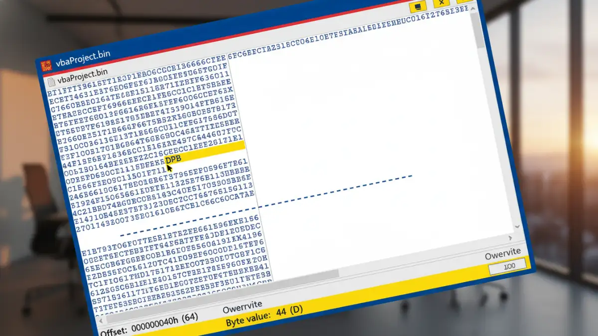 office 365 document password - A close-up of a hex editor showing the 'DPB' string in a vbaProject.bin file.