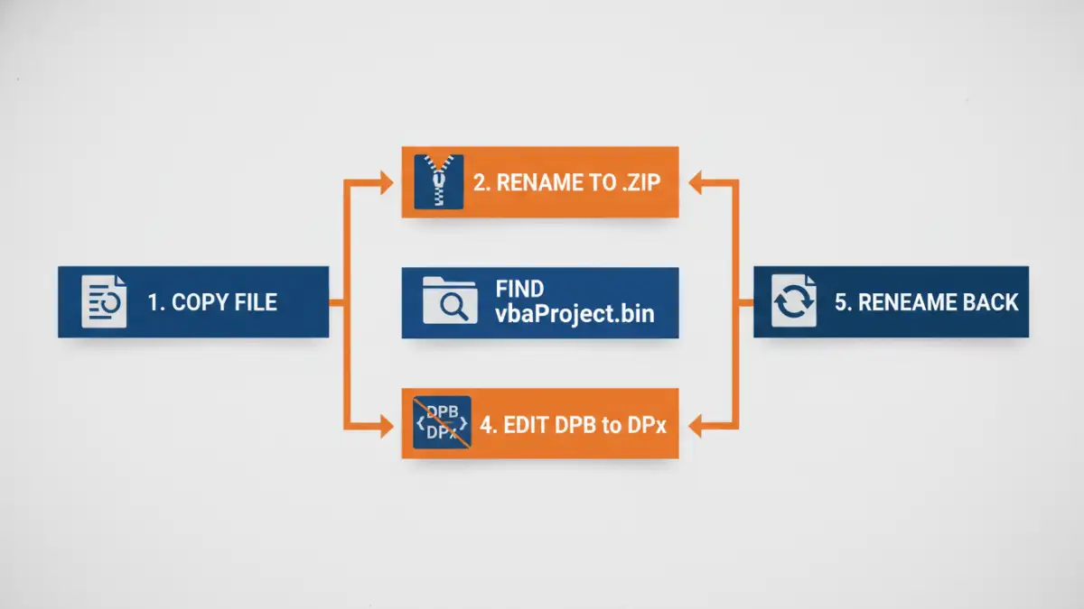 office 365 document password - Infographic showing the 5 steps to remove a VBA project password using a hex editor.