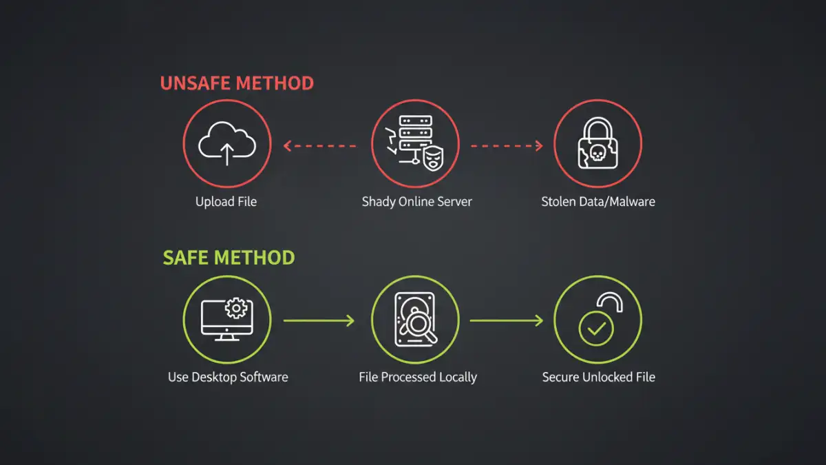 online pdf password removers - Infographic comparing the unsafe process of using an online unlocker versus the safe process of using desktop software.