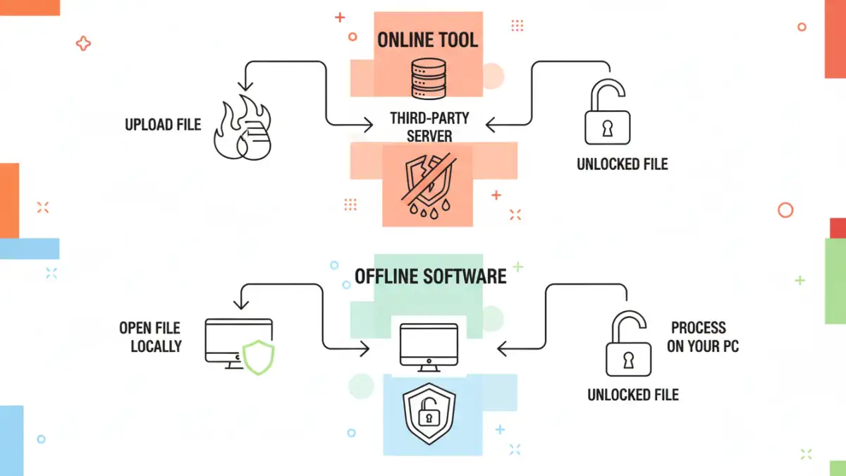 online pdf security - An infographic comparing the process and security of online vs. offline PDF unlocking methods.