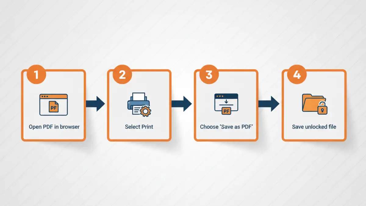 online pdf unlock online pdf unlock - Infographic showing step-by-step process for removing PDF passwords via browser print function