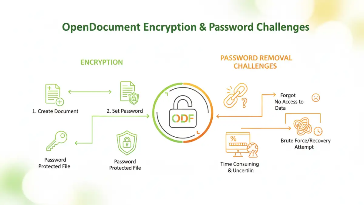 open document encryption - Infographic explaining OpenDocument encryption steps and password recovery concepts