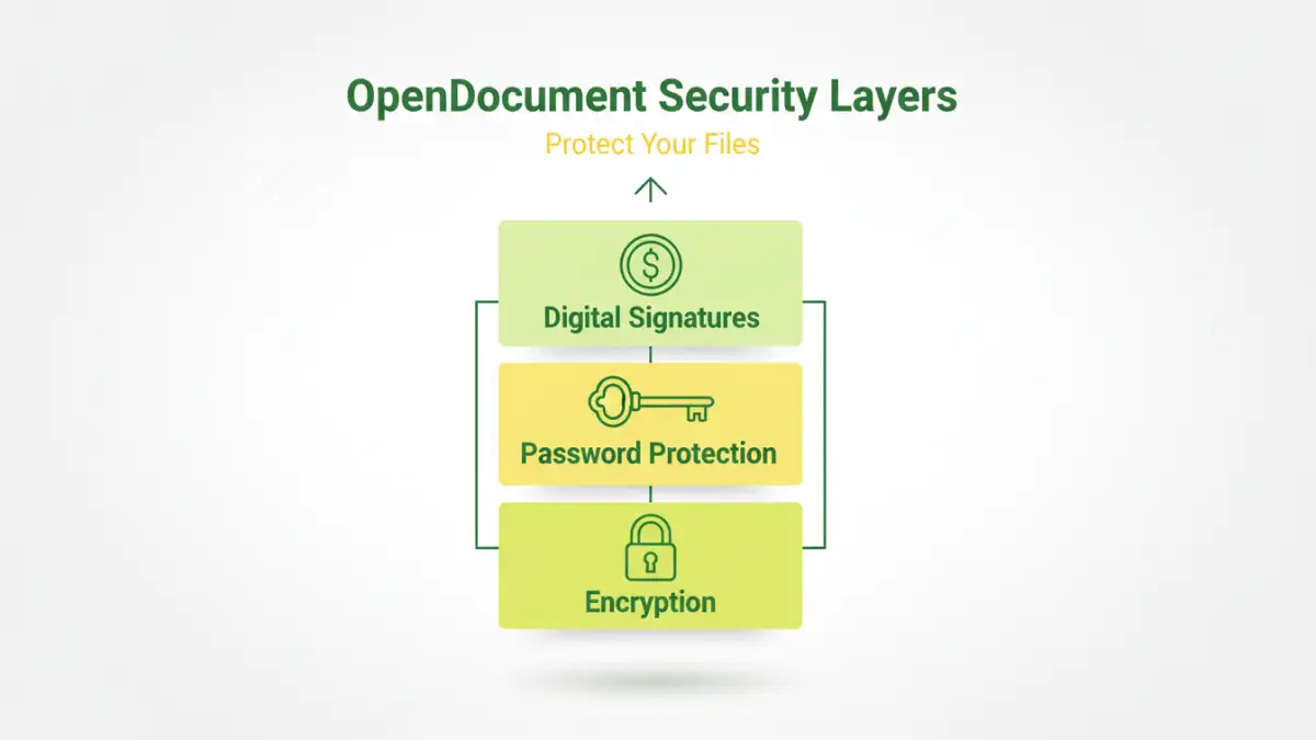 opendocument file security - Infographic detailing encryption, password protection, and digital signatures for ODF security