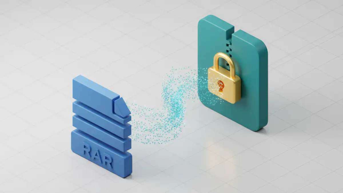 password encryption for files - A visual representation of securely converting a RAR file to a password-encrypted ZIP file.
