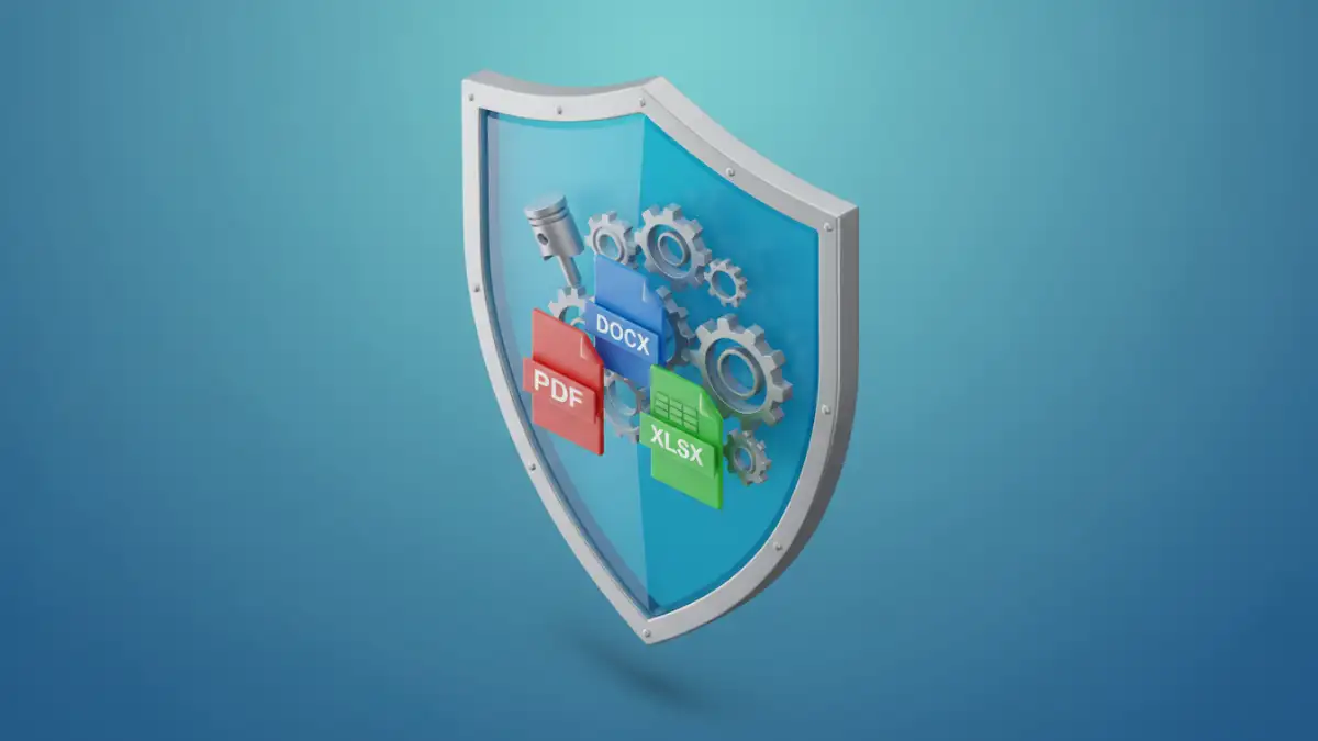 password management documents - Abstract security shield protecting digital documents with automation gears