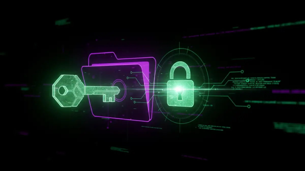 password management documents - Digital key unlocking a secure document folder with glowing lock symbol