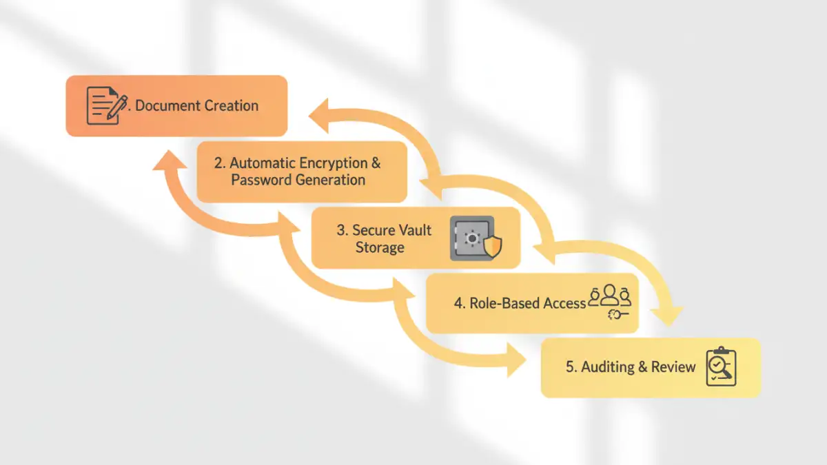password management documents - Infographic showing a 5-step automated document password management workflow