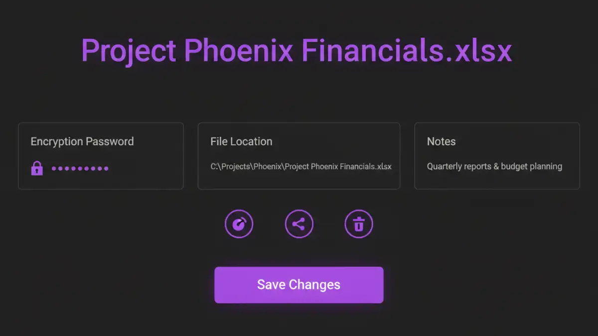 password manager document encryption - Example of a password manager entry for an encrypted Excel spreadsheet.
