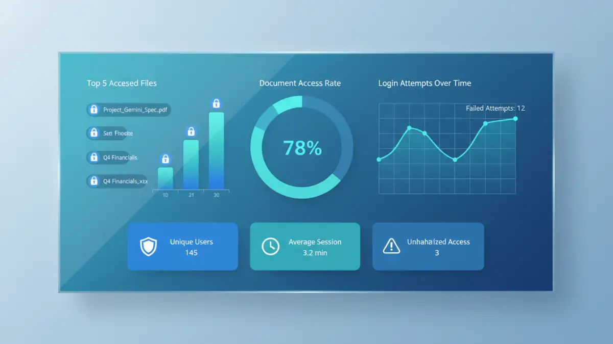 password protected document Digital dashboard showing password protected document usage statistics and access reports.