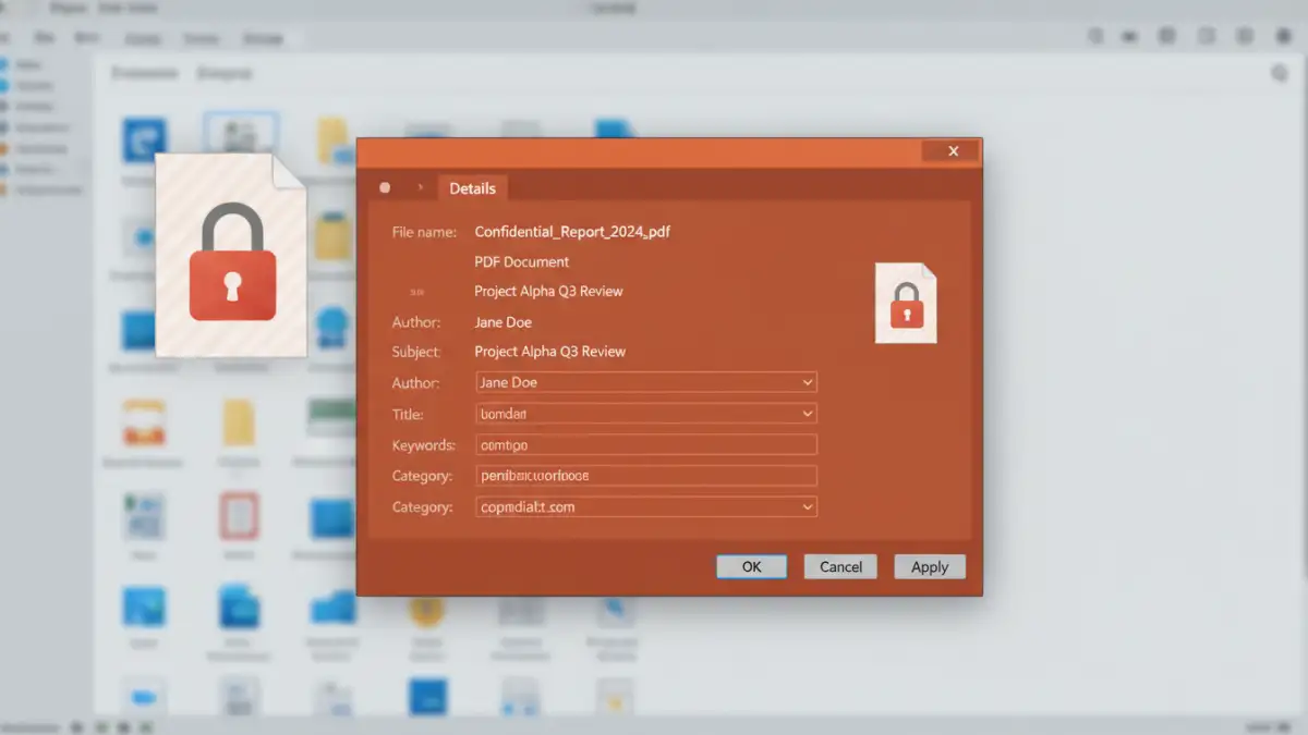 password protected document metadata password protected document metadata - The file properties window showing accessible metadata for a locked PDF file.