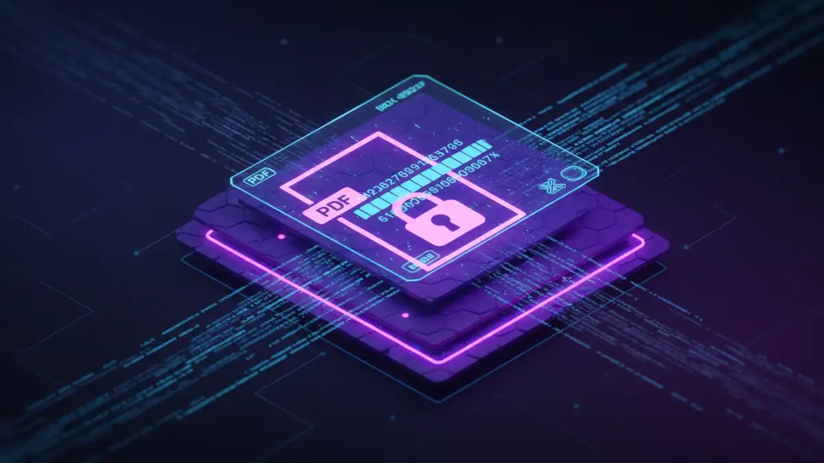 password protected pdf Abstract visual representing layers of security being peeled back from a password protected PDF, with neon accents.