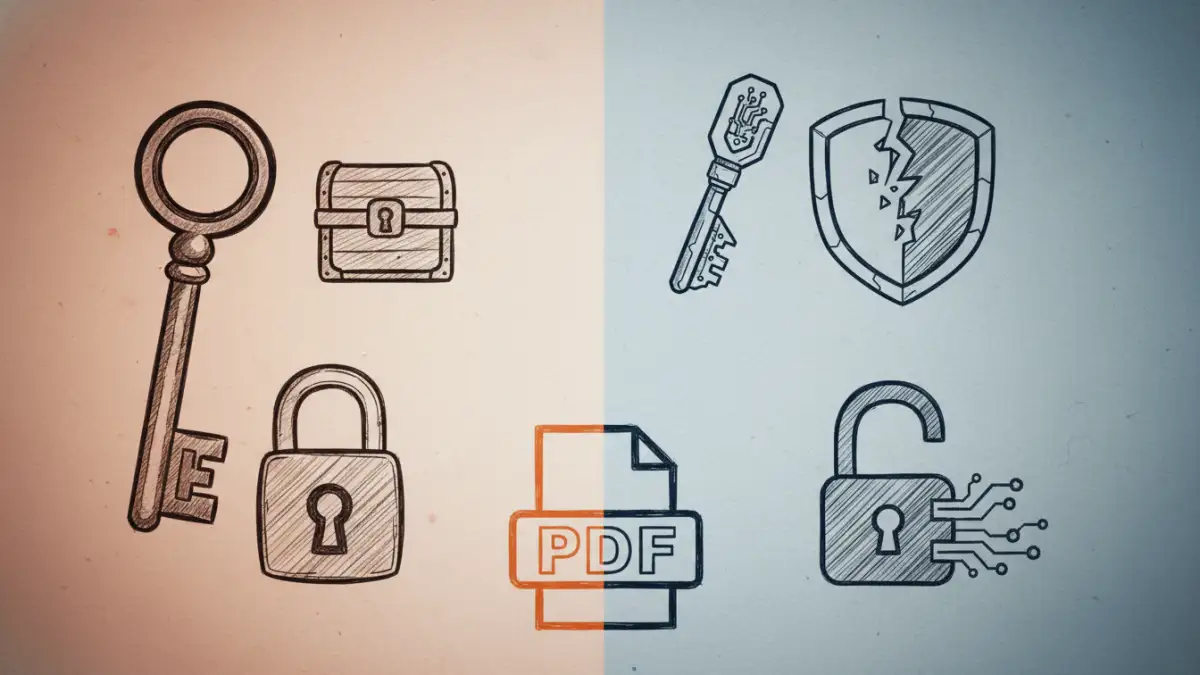 password protected pdf password protected pdf - Comparison of simple vs. complex keys next to a PDF icon, symbolizing weak vs. strong password protection.