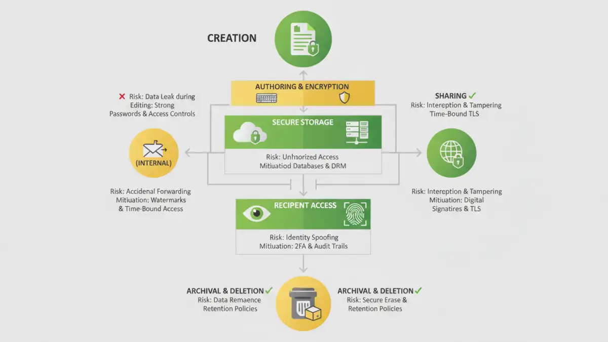 password protected pdf password protected pdf - Infographic illustrating the secure lifecycle of a PDF document, highlighting risk mitigation.