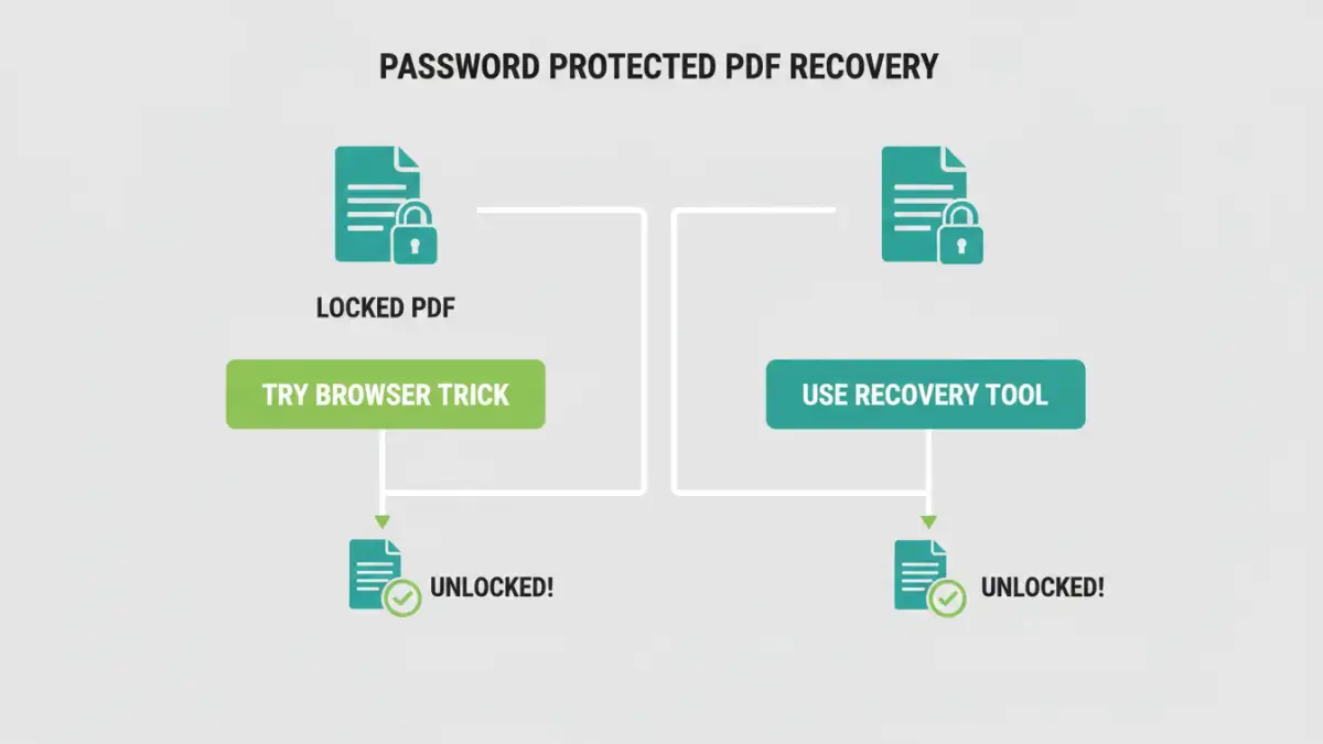 Infographic detailing steps for password protected PDF recovery using browser tricks and specialized tools.