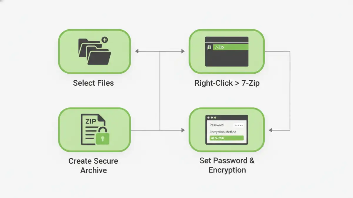 password protected zip file - Infographic showing the four steps to create a password-protected ZIP file.