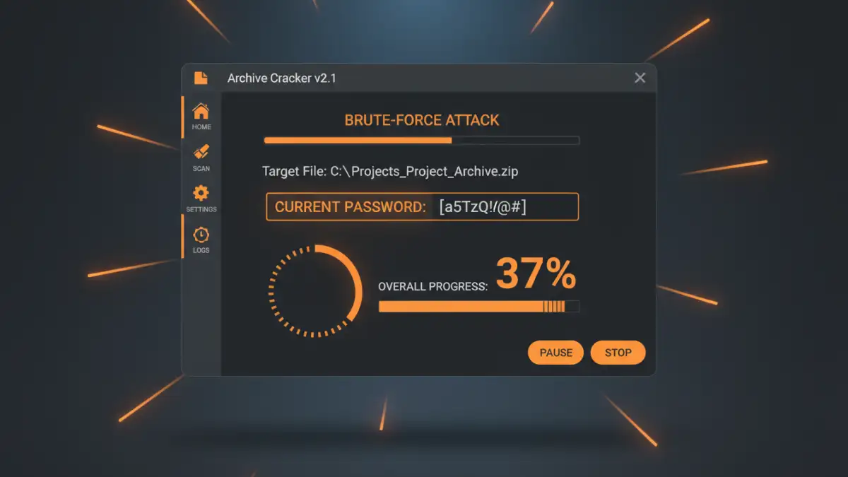 password recovery tool encrypted files - Example of an archive password recovery software interface running a brute-force attack.