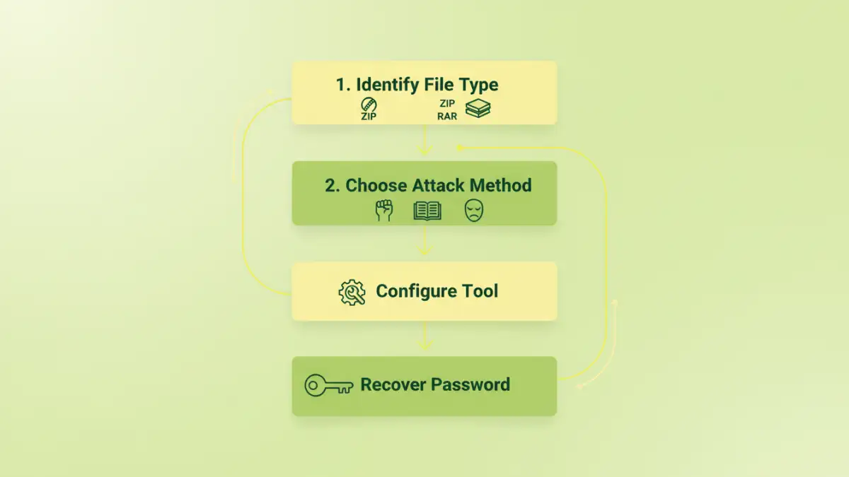 password recovery tool encrypted files - Infographic flowchart explaining the steps to recover a password from an encrypted file.