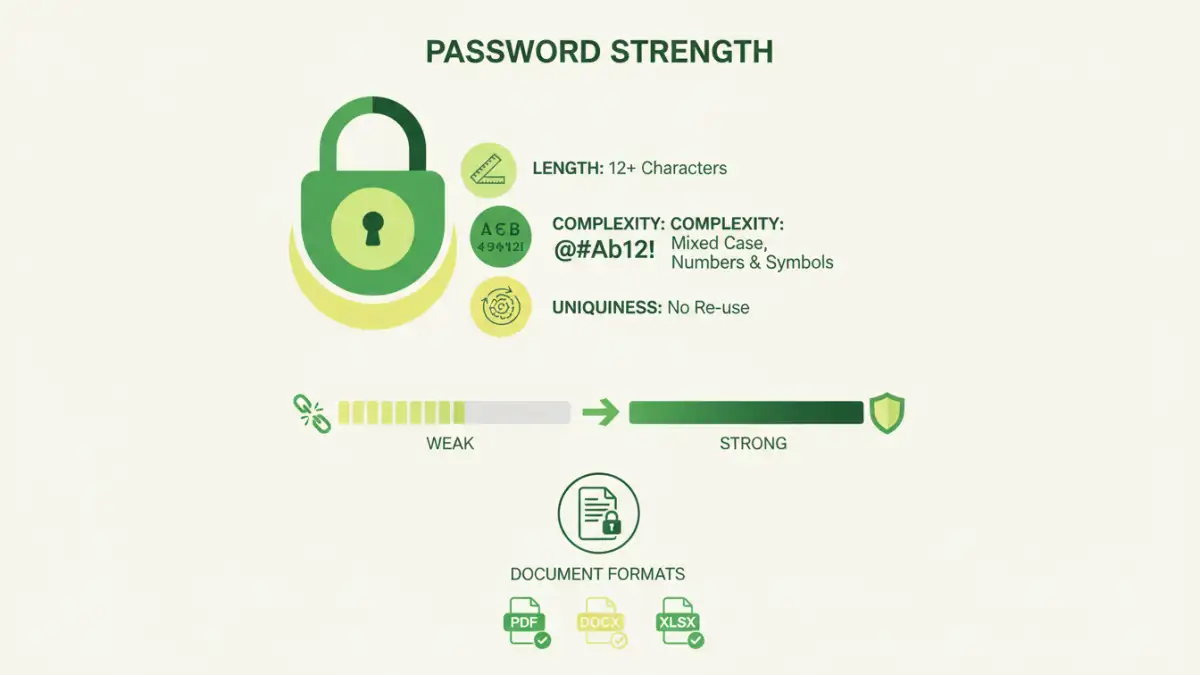 password strength document formats - Infographic explaining the components of strong password strength for document formats