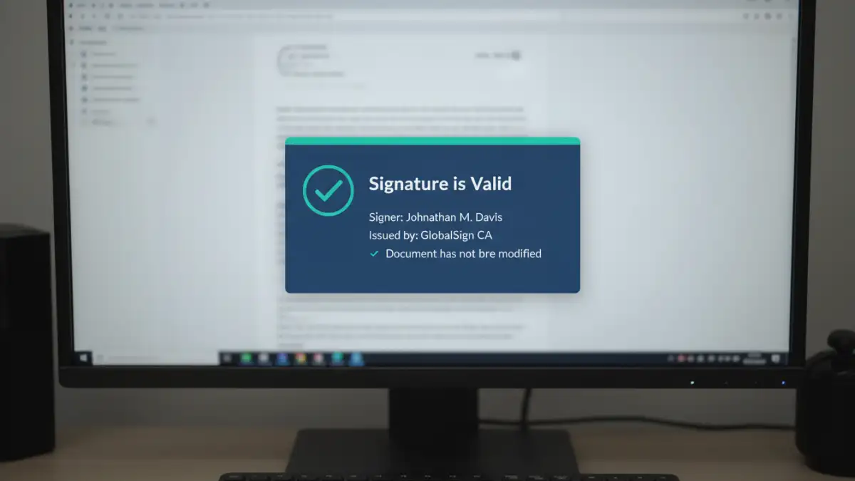 pdf digital signature security - A close-up of a PDF reader showing a valid digital signature with a green checkmark.