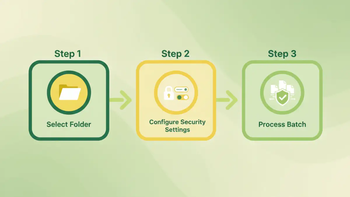 pdf document security - An infographic showing the simple three-step process for batch password protection.