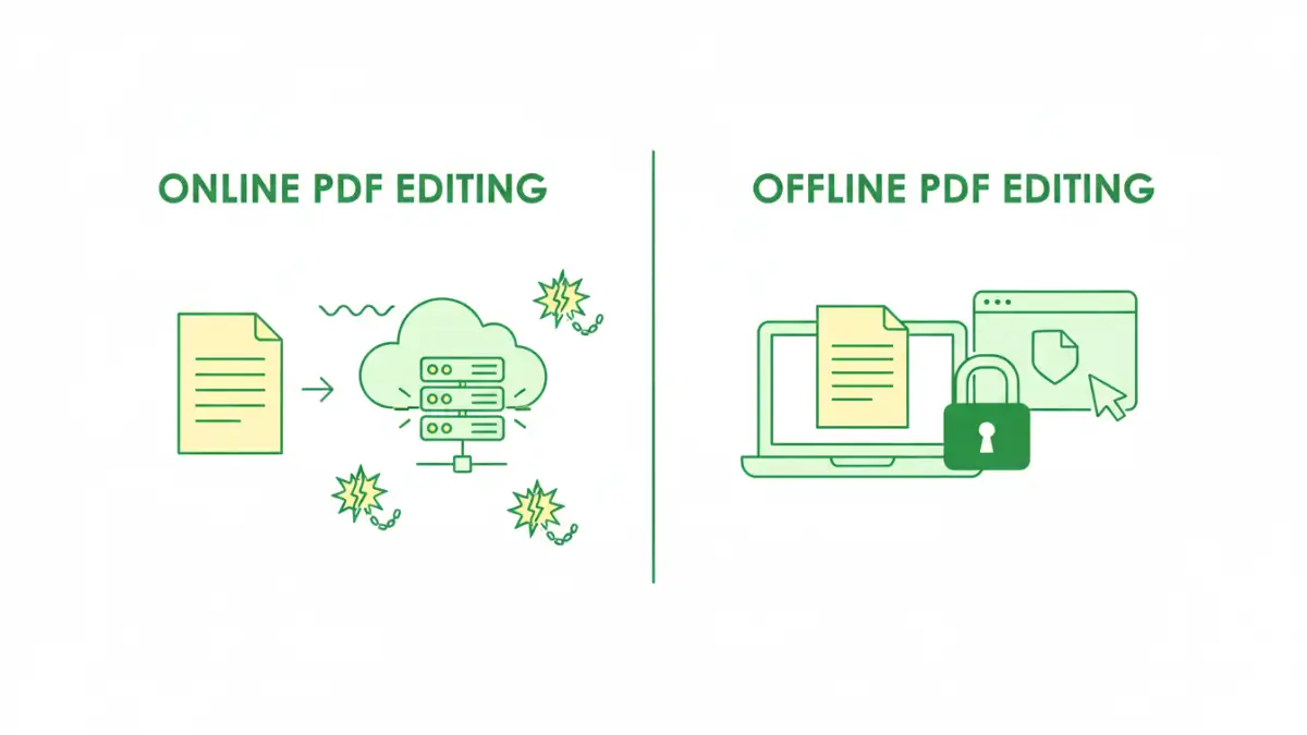 pdf editing security - Infographic showing data flow and security risks for online versus offline PDF editing